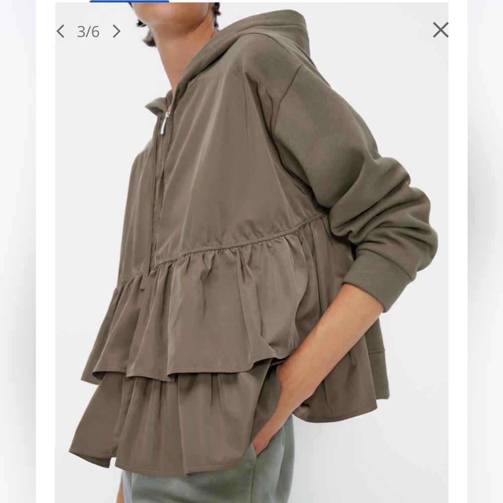 ZARA MIXED MEDIA FRONT ZIPPED OVERSIZED KHAKI HOODED JACKET WITH RUFFLES SZ M
